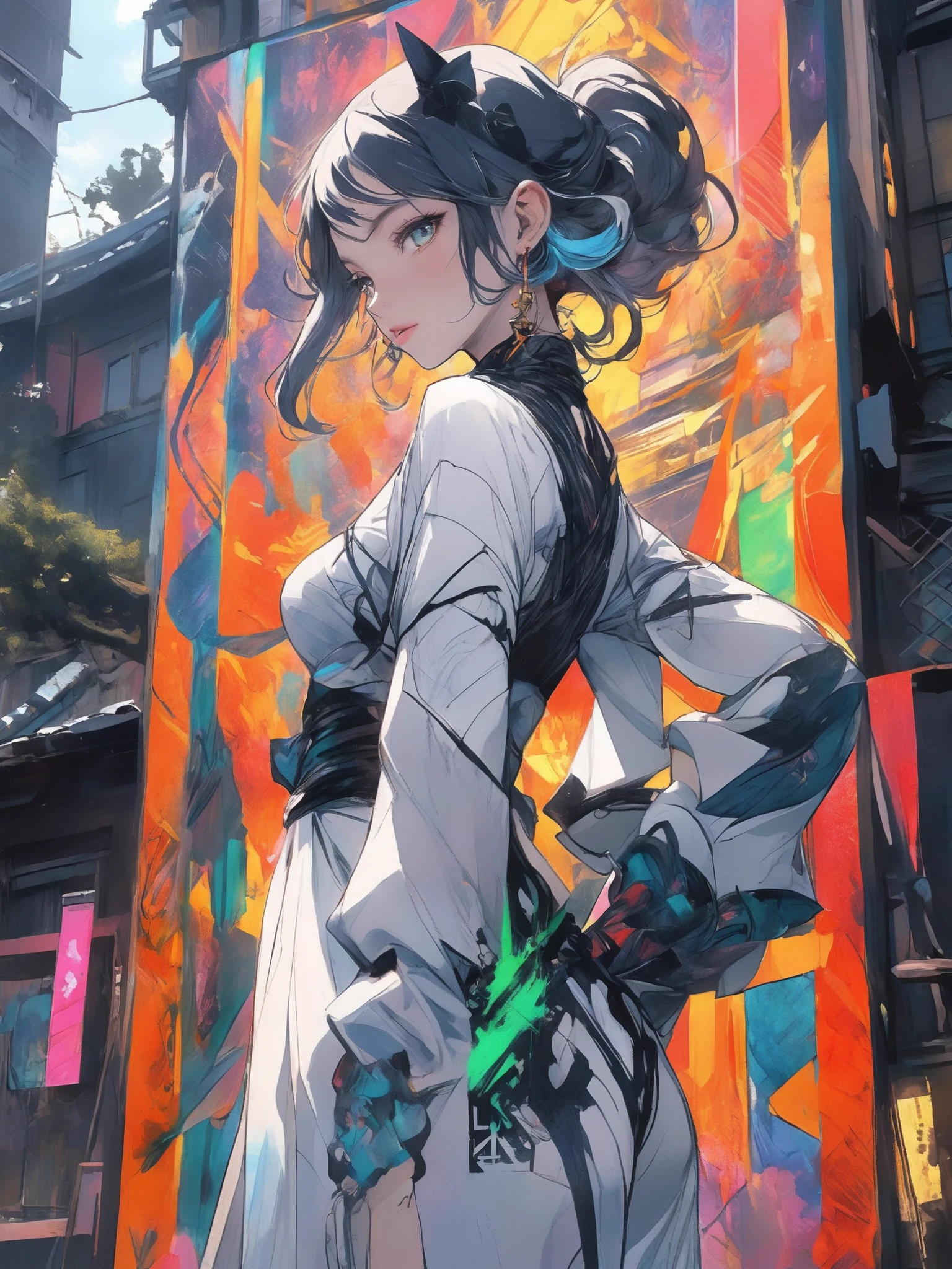 A mesmerizing and surreal art piece by TMann Nyc, featuring a harmonious blend of concept art and alcohol ink on a black background. The artwork showcases a stylized female silhouette, expertly intertwined with vivid colors and shapes of nature. The background reveals a dark, fantastical world with elements of architecture and wildlife, creating an immersive and captivating atmosphere. The overall composition is both visually appealing and impactful, drawing the viewer into its mysterious and enchanting world., poster, graffiti, cinematic, 3d render, fashion, ukiyo-e, vibrant, portrait photography, anime, painting, conceptual art, architecture, dark fantasy, photo, wildlife photography, illustration
epic action, Unreal Engine, cinematic award winning artwork, many details, extreme detailed, full of details,Wide range of colors., dramatic, Dynamic,Cinematic,Sharp details, Insane quality. Insane resolution. Insane details. Masterpiece. 32k resolution. casting shadow style, cucoloris patterned illumination, dvr-lnds-sdxl, ral-dissolve, ral-ertmsphr, ral-porcelain, ral-pxlprtcl, Niji, aidma-niji