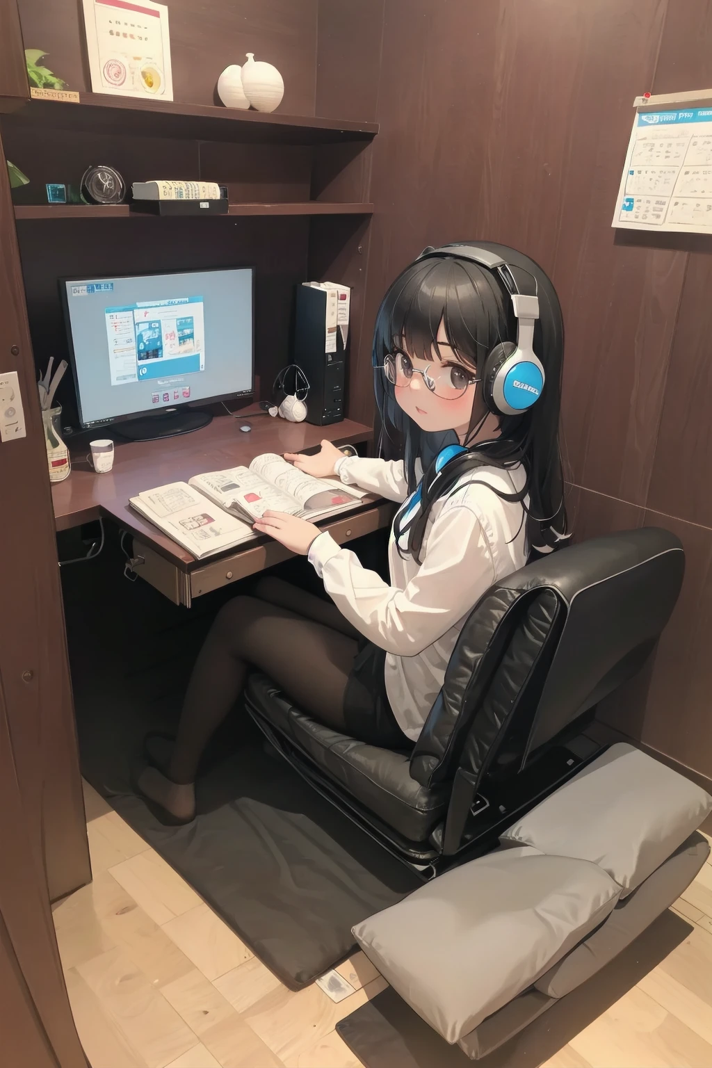 masterpiece, best quality, ultra-detailed, illustration, glasses,
necafe, scenery, 1girl, solo, computer, monitor, chair, black hair, sitting, book, striped, pantyhose, headphones, indoors, desk, lamp
<lora:netcafe_SD15_V1:0.8>