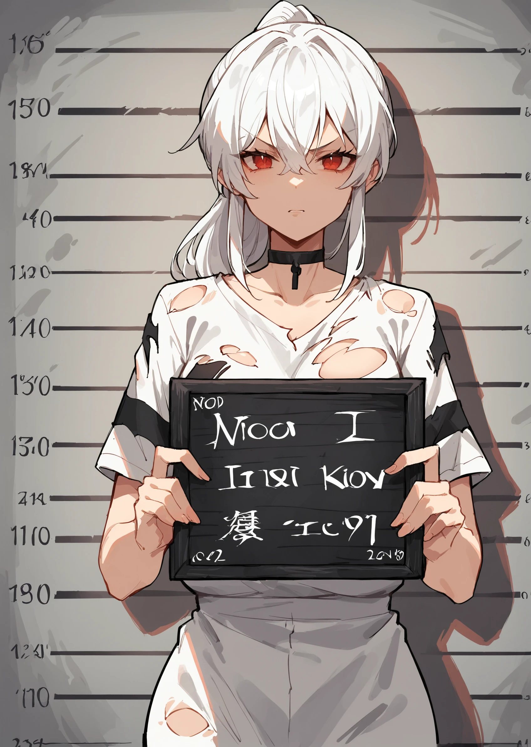 (score_9, score_8_up, score_7_up) BREAK source_anime,1girl,solo,red eyes,white hair,hair between eyes,ponytail,prison clothes,torn clothes,choker,v-shaped eyebrows,looking at viewer,standing,mugshot,holding sign,
<lora:mugshot_pony_ver1:1>,