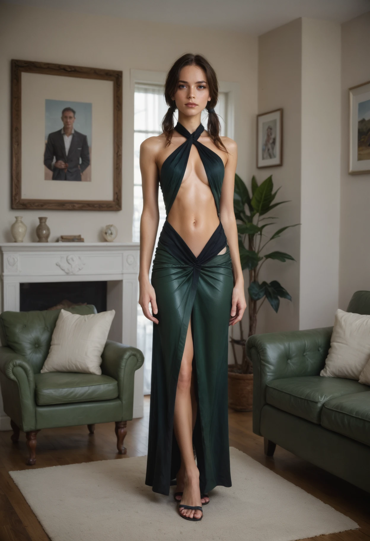 score_9, score_8_up, score_7_up, photograph of a slim italian woman, brunette twintails, livingroom, green (leather:1.2) dress, midriff, long skirt, criss-cross halter, <lora:CrunchyBanana_PONY_028_knotted_halter_dress:0.7>, realistic, huge_breasts, cleavage, standing crossed legs