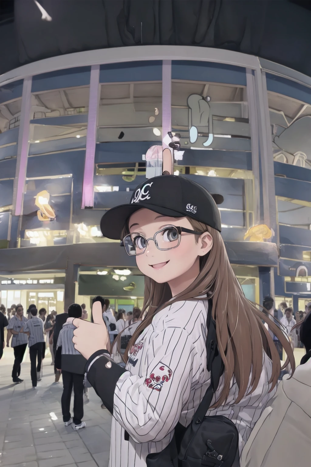 masterpiece, best quality, ultra-detailed, illustration, glasses,
1girl, glasses, chibalotteU, baseball uniform, black hair, long hair, striped shirt, vertical stripes,  baseball cap, 
smile, looking at viewer,  thumbs up, arms up, happy, 
marine_stadium, storefront, 6+boys, night, crowd, real world location, scenery, multiple boys, multiple girls, outdoors, 6+girls, city, sign, building, people, night sky, starry sky, neon lights, 
 <lora:marine_stadium_SD15_V1:1> <lora:Chiba_LOTTE_MARINES_uniform_SD15_V1:0.8>