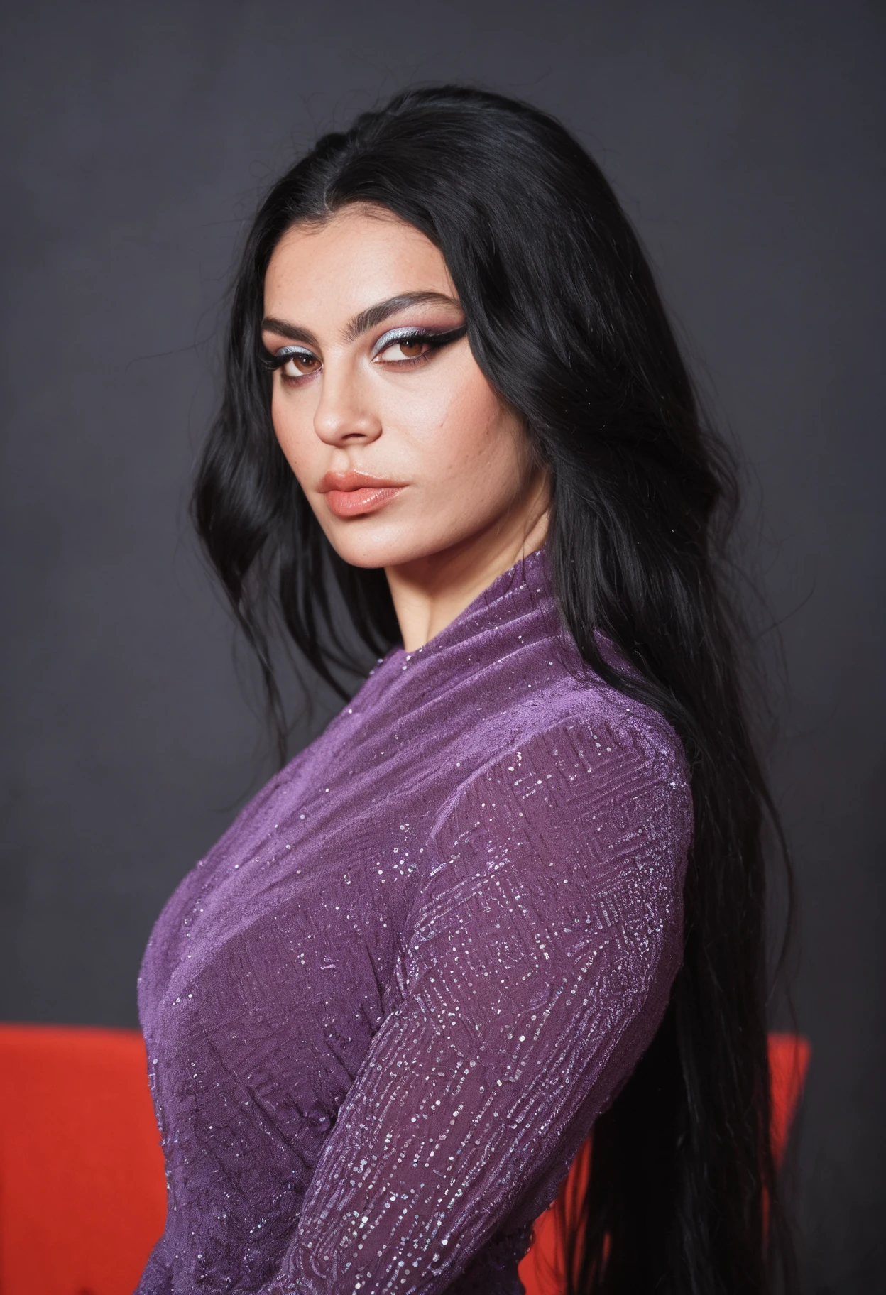 scorscore_9, score_8_up, score_7_up, score_6_up,
charliXcx, <lora:CharliXcxPonyRealism:1>, upper body, purple dress,, at a premier, red carpet event, long hair