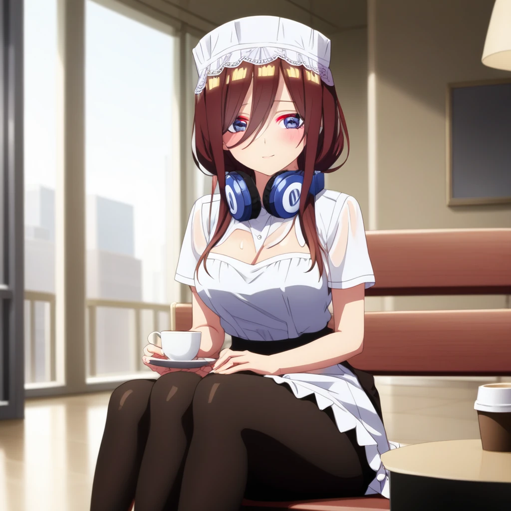 masterpiece, best quality, highres, nm1, maid, maid headdress, headphones around neck, cowboy shot, sitting, coffee, indoors,