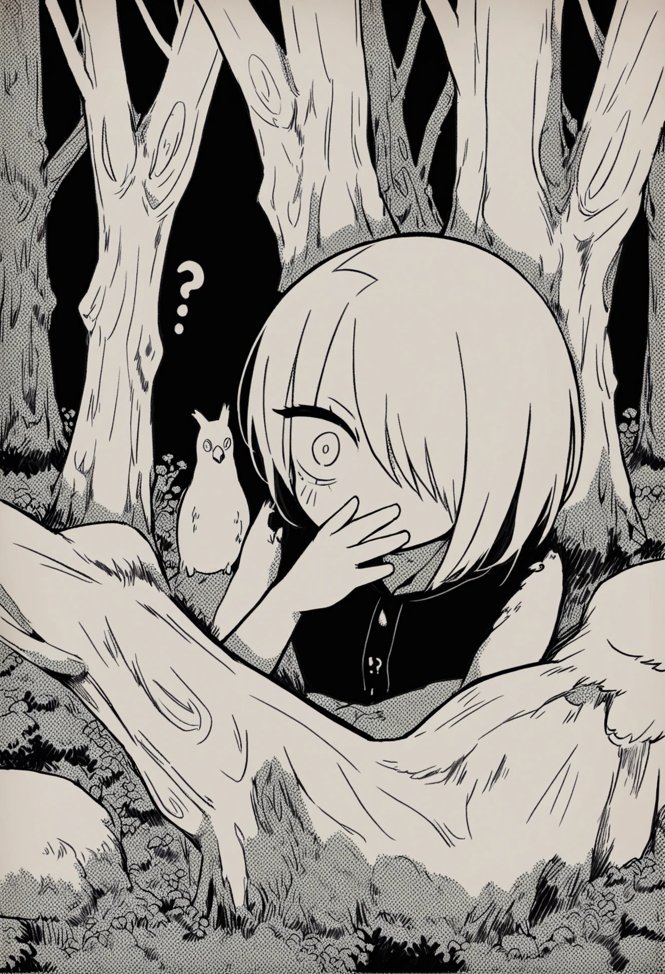 masterpiece,best quality,tree, hair over one eye, monochrome, forest, nature, ?, one eye covered, short hair, covering own mouth, 1boy, greyscale, hand to own mouth, bird
<lora:teraXLlokr4f-000145:0.95>