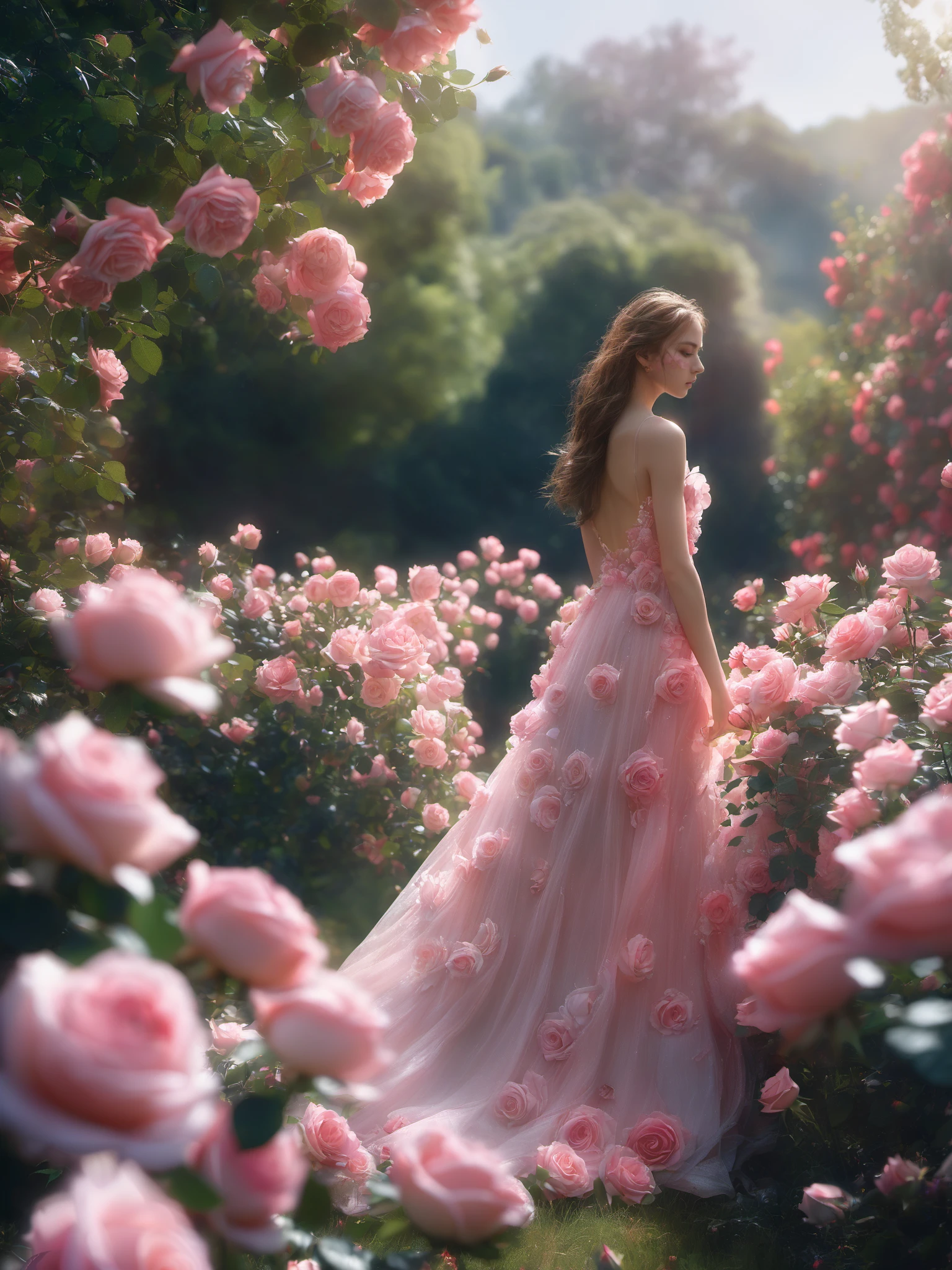 photorealistic,realistic,photography,masterpiece,best quality,ultra-detailed,extremely detailed CG unity 8k,1girl,solo,rose,long hair,back hair,dress,bare shoulders,standing,full body,flower,outdoors,from side,tree,pink flower,pink rose
 <lora:SNAKE PINK ROSE XL:0.8>