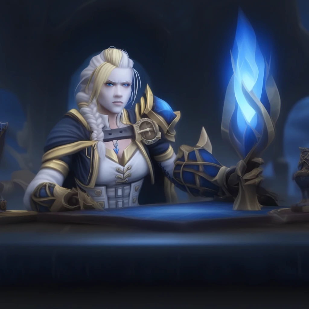 a female paladin with long blonde hair and braids, wearing gold armor and holding a blue glowing sword in front of her, with a focus on the knight's armor and the intricate details of his armor. pg13 _ rating, a female paladin sitting at a table in the style of world of warcraft