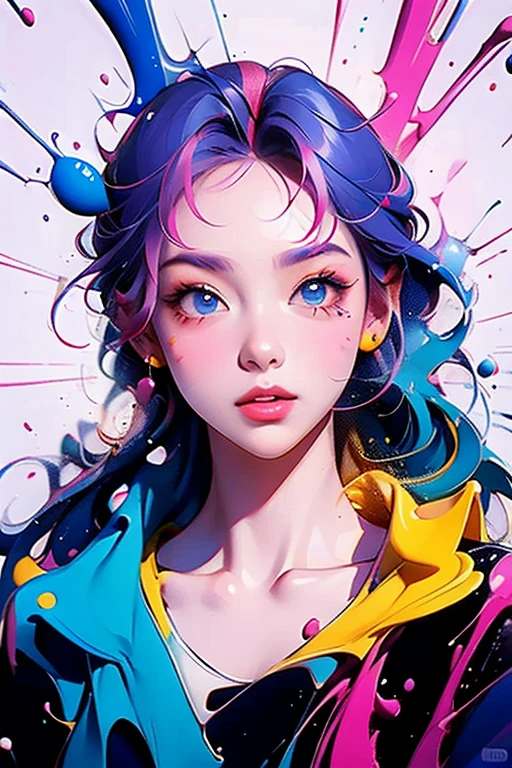 1girl,solo,paint splatter,watermark,web address,makeup,paint,multicolored hair,parted lips,blue eyes,lips,purple hair,pink hair,eyeshadow,colorful,paint splatter on face,artist name,upper body,lipstick,short hair,rainbow hair,bare shoulders,nose,,,,<lora:lightline-v2.0:0.6>,<lora:meinv123:1>,<lora:Dream color:1>