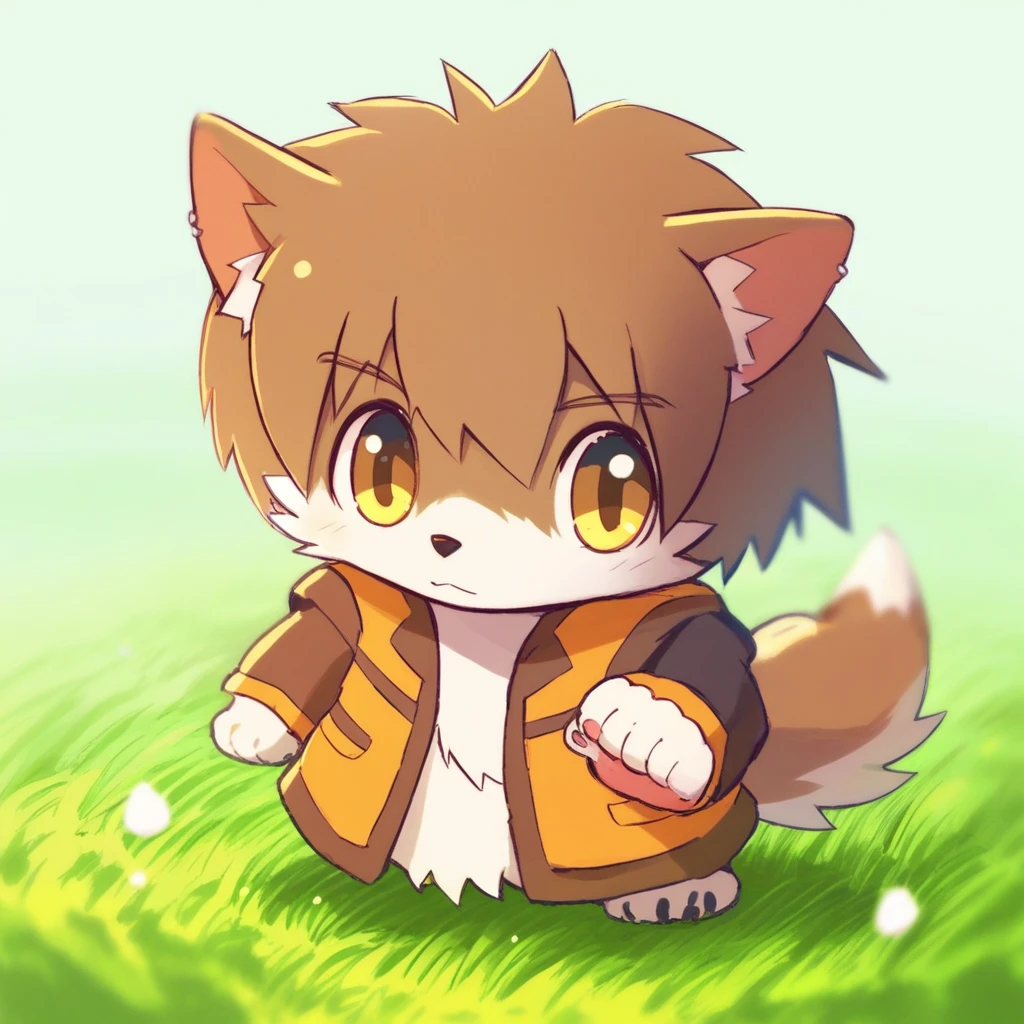 hitsuji umino, 1boy, score_9, score_8_up, cute, chibi, wolfdog, furry, upper body, digital art, highly detailed, standing on grass