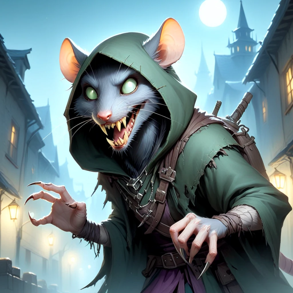 skaven, a hooded rogue with fangs and claws sneaking through a moonlit street, 