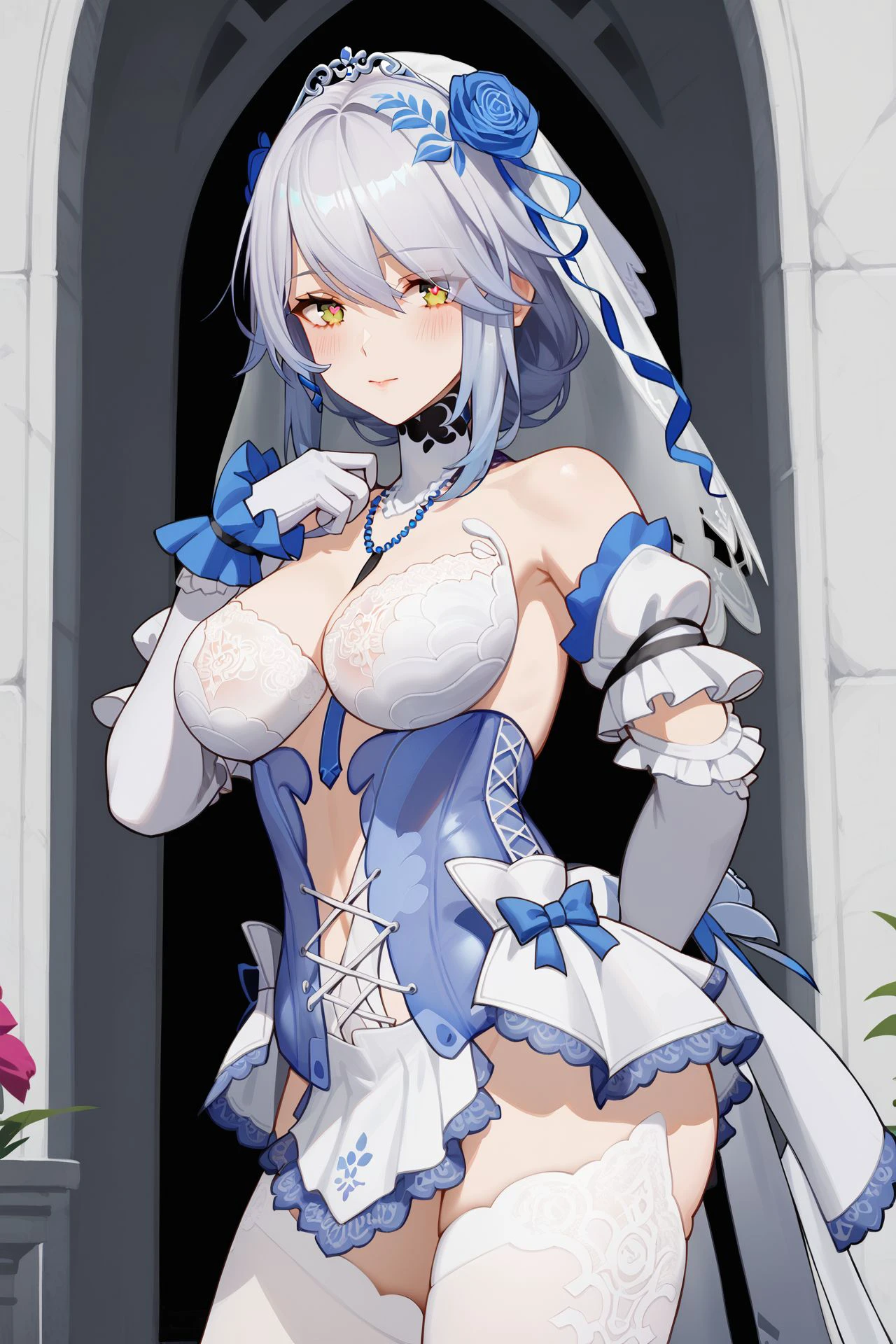 score_8_up, 1girl, solo, blush, heart-shaped_pupils, looking_at_viewer, <lora:sb-Lyfe-InfiniteSight-FrozeninLove_PonyXL_cha_v01:0.75> sb-lyfe-isfl, dress, gloves, veil, thighhighs, ribbon, hair flower, detached sleeves, lace trim