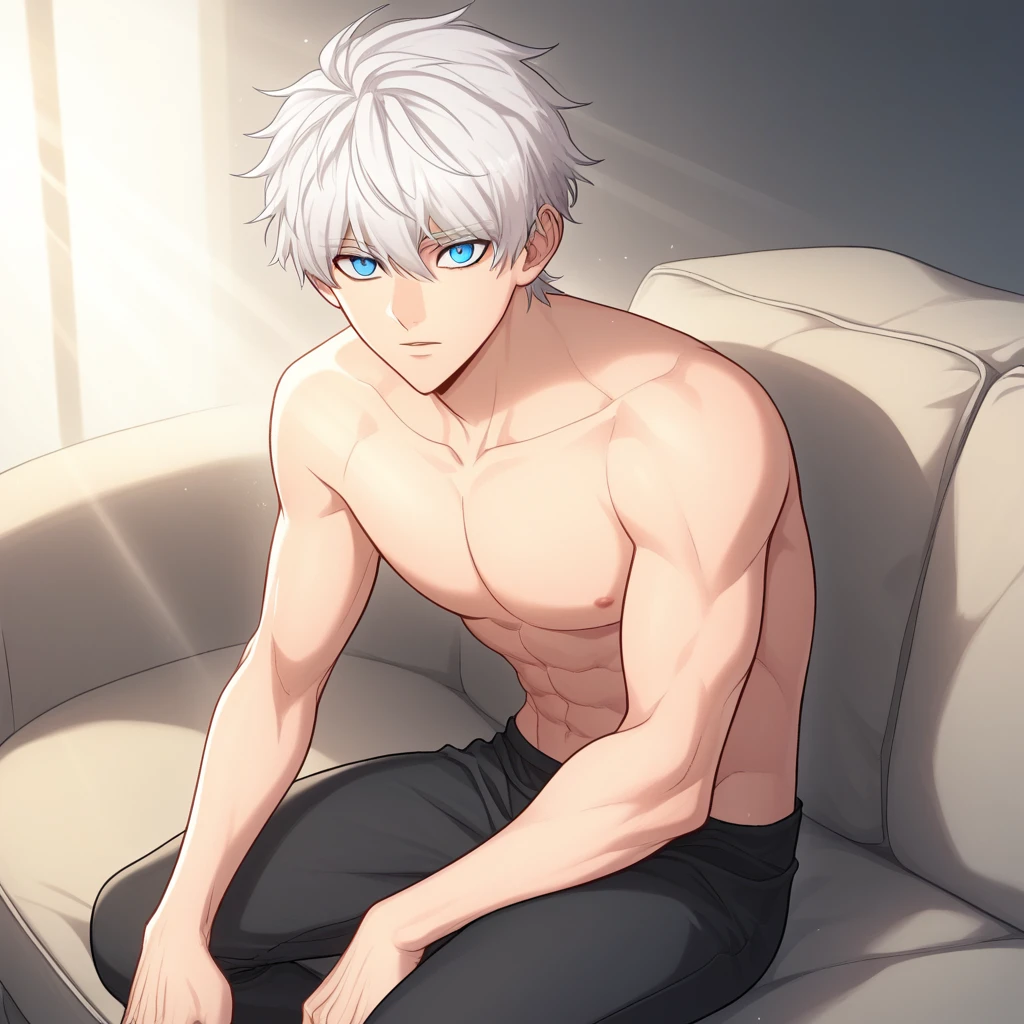 score_8_up, BREAK, Manhwa, 1boy, solo, short hair, white hair, blue eyes, topless male, pants, <lora:Manhwa_Style_PXL_Leaf2:1>, looking at viewer,  on couch, light rays,