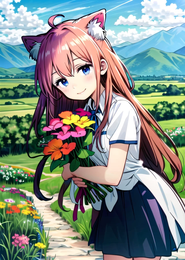 nekomiya hinata,
holding bouquet, plains, mountains, smile, head tilt, 1girl, solo,
<lora:150charsKiraiNAI:1>