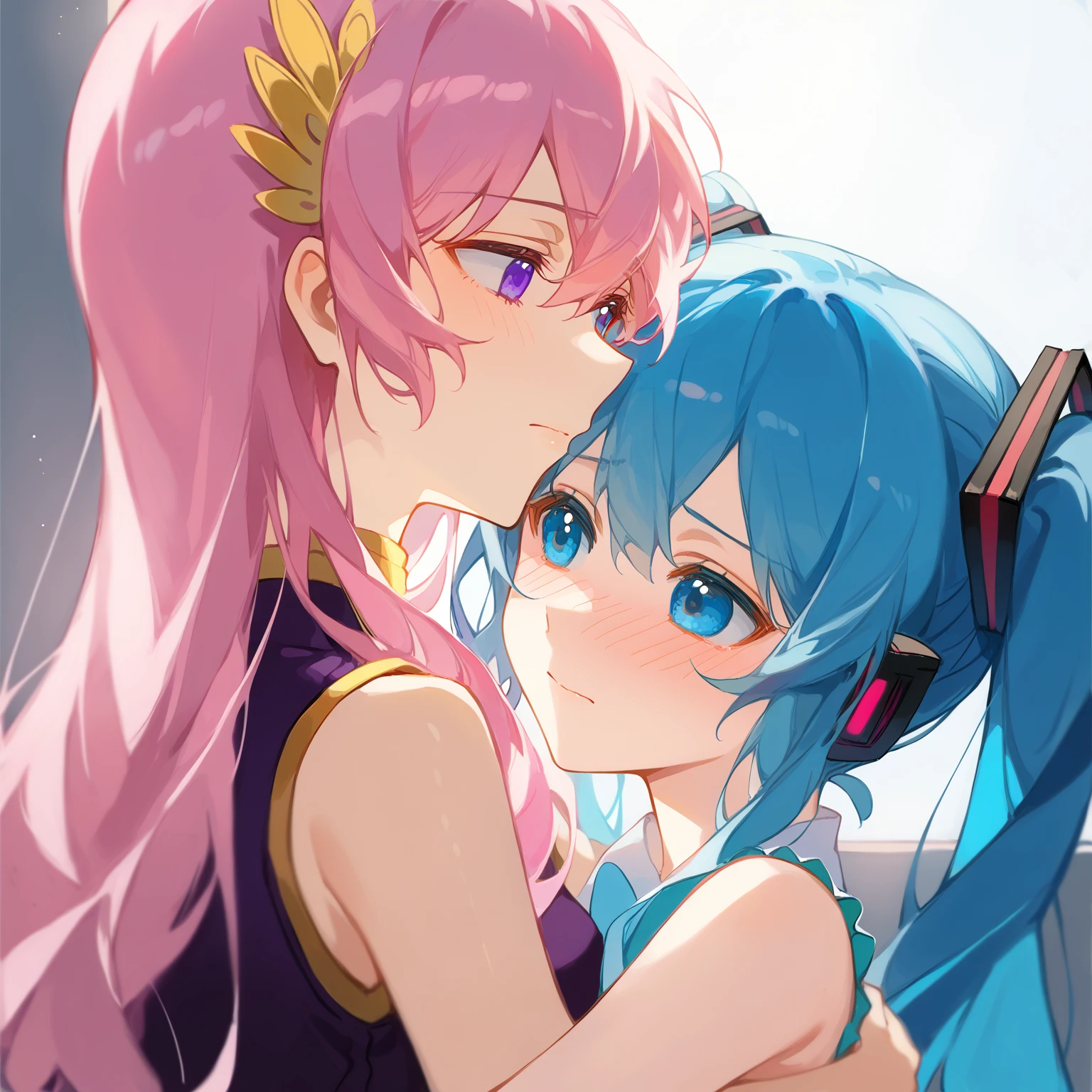 score_9, uncensored, source_anime, 2girls, hug, embarrassed, portrait, yuri, multiple girls, blush
2girls, megurine luka, hair ornament, long hair, pink hair, portrait, yuri, purple eyes, full-face blush, embarrassed, hug, sleeveless shirt,
2girls, hatsune miku, aqua hair, hair ornament, headphones, long hair, portrait, yuri, twintails, yuri, blue eyes, full-face blush, embarrassed, hug, sleeveless shirt,
<lora:ciloranko_pony_v3:1>