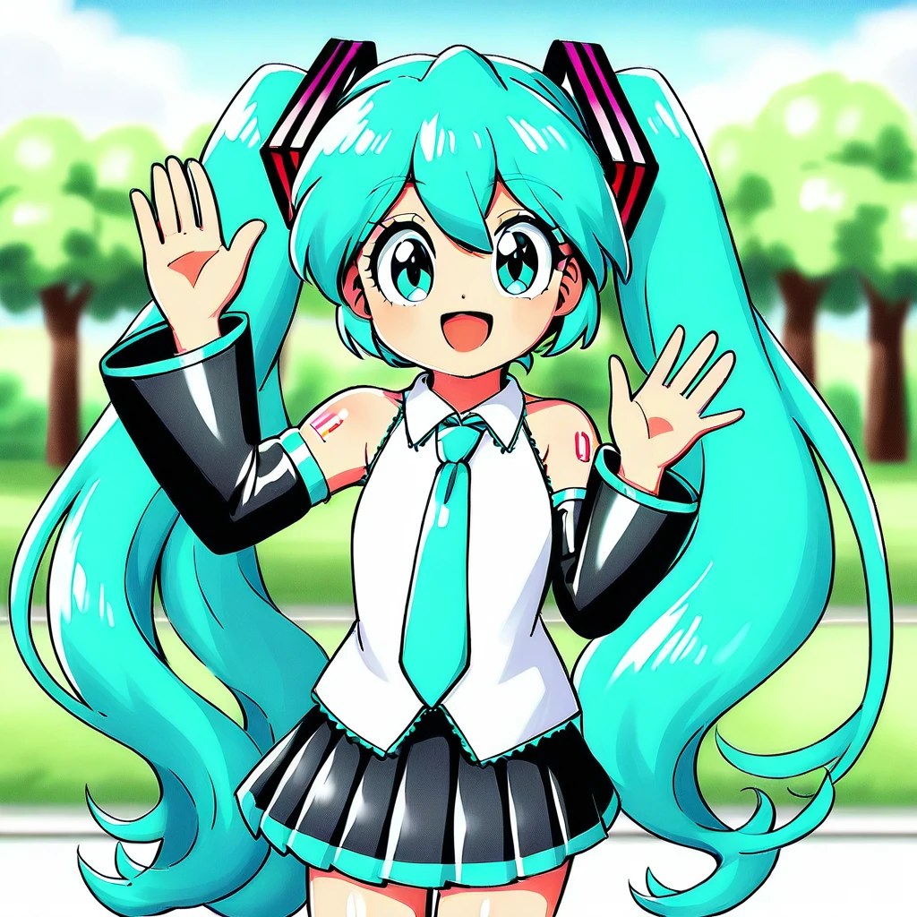 Rating_safe, solo, 1girl, Hatsune Miku, long hair, twintails, aqua hair, aqua eyes, smile, open mouth, hand up, waving, detached sleeves, necktie, blue necktie, outdoors, black skirt, pleated skirt, collared shirt