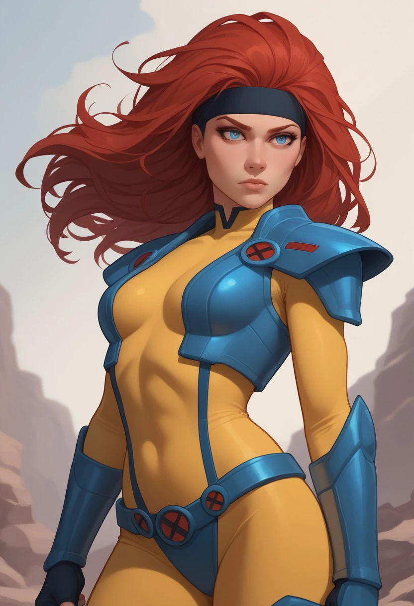 score_9, score_8_up, score_7_up, score_6_up, dskheroes, end_jngr3y, 1girl, solo,  blue eyes,  red hair, long hair, high pony tail, medium breasts,  headband, red hair, odysuit,  multicolored bodysuit, yellow bodysuit, blue armor, headband, comic art style