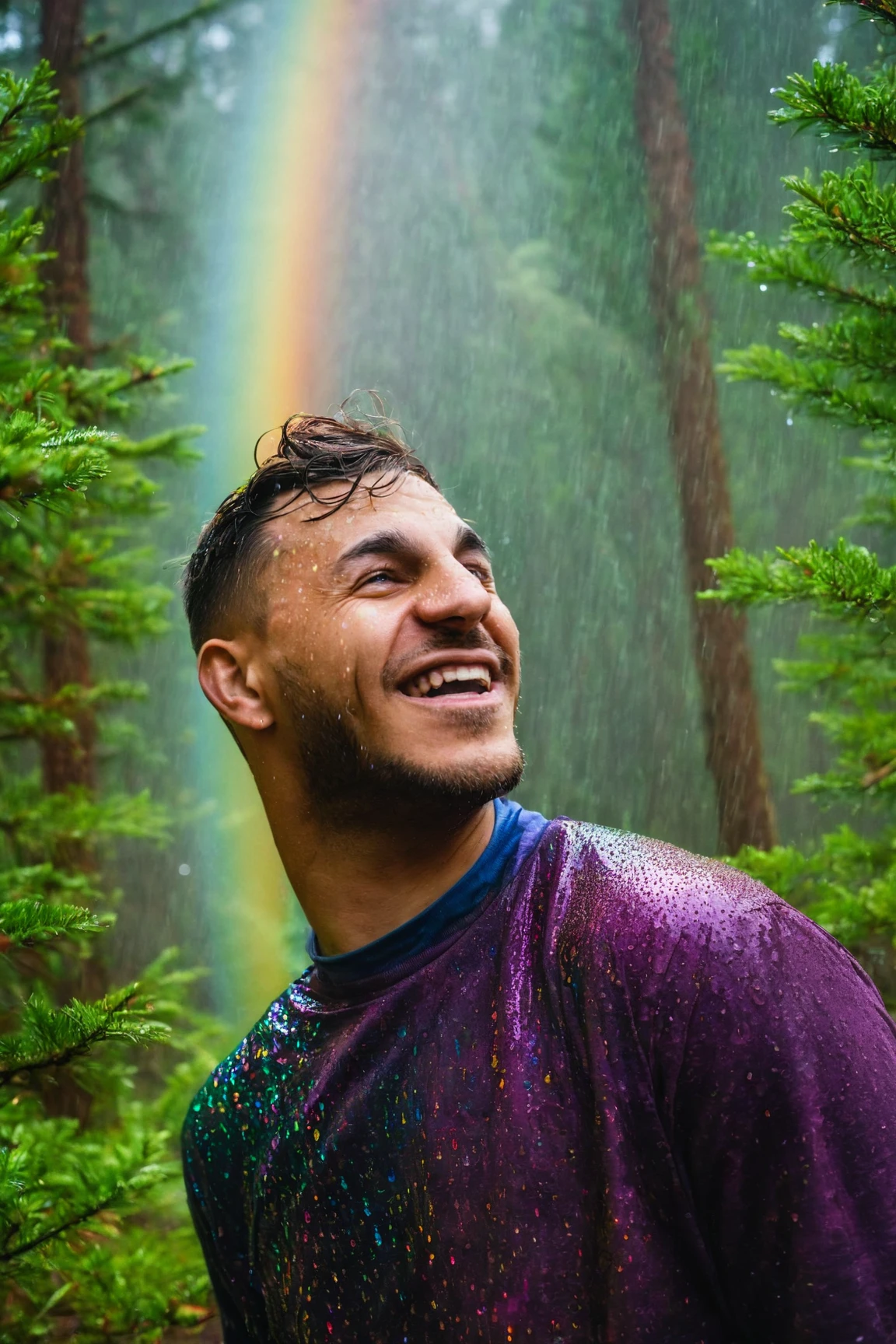 photo of a (Loïc Barcourt:1.3) a young man (from behind:1.2) looking back with a happy face, a (far away shot:1.3), (standing:1.2) in a evergreen forest, rainbow rain, natural lighting, 4k, high quality, Fujifilm XT3
 <lora:Rythmind_Loïc Barcourt_v4Final:1>