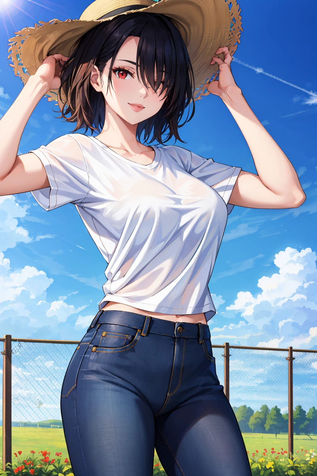 masterpiece, best quality, 1girl, solo <lora:berengaria-nvwls-v1-000009:0.9> berengaria, short hair, red eyes, hair over one eye, toned, large breasts, white t-shirt, sun hat, jeans, farm, fence, blue sky, smile