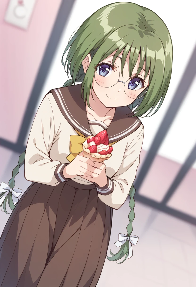 score_9, score_8_up, score_7_up, source_anime BREAK
midorikawa lettuce, school uniform, glasses, 1girl, green hair, crepe, solo, blue eyes, strawberry, smile, serafuku, brown skirt, looking at viewer, long sleeves, round eyewear, hair ribbon, own hands together, food wrapper, purple eyes, standing, blurry background, yellow neckwear, twin braids, long skirt, closed mouth, bespectacled, hair bow, brown sailor collar, cowboy shot, eyebrows visible through hair, pleated skirt, hat removed, depth of field, letterboxed, very long hair, yellow bow, own hands clasped, white ribbon, blush, holding food, white shirt, white bow, split mouth, bowtie, brown shirt, indoors, anime coloring, hair between eyes, straight-on, pov, high-waist skirt, low twintails, light smile
<lora:mew_lettuce_midorikawa_lettuce_sdxl_locon_pony_v1:0.7>