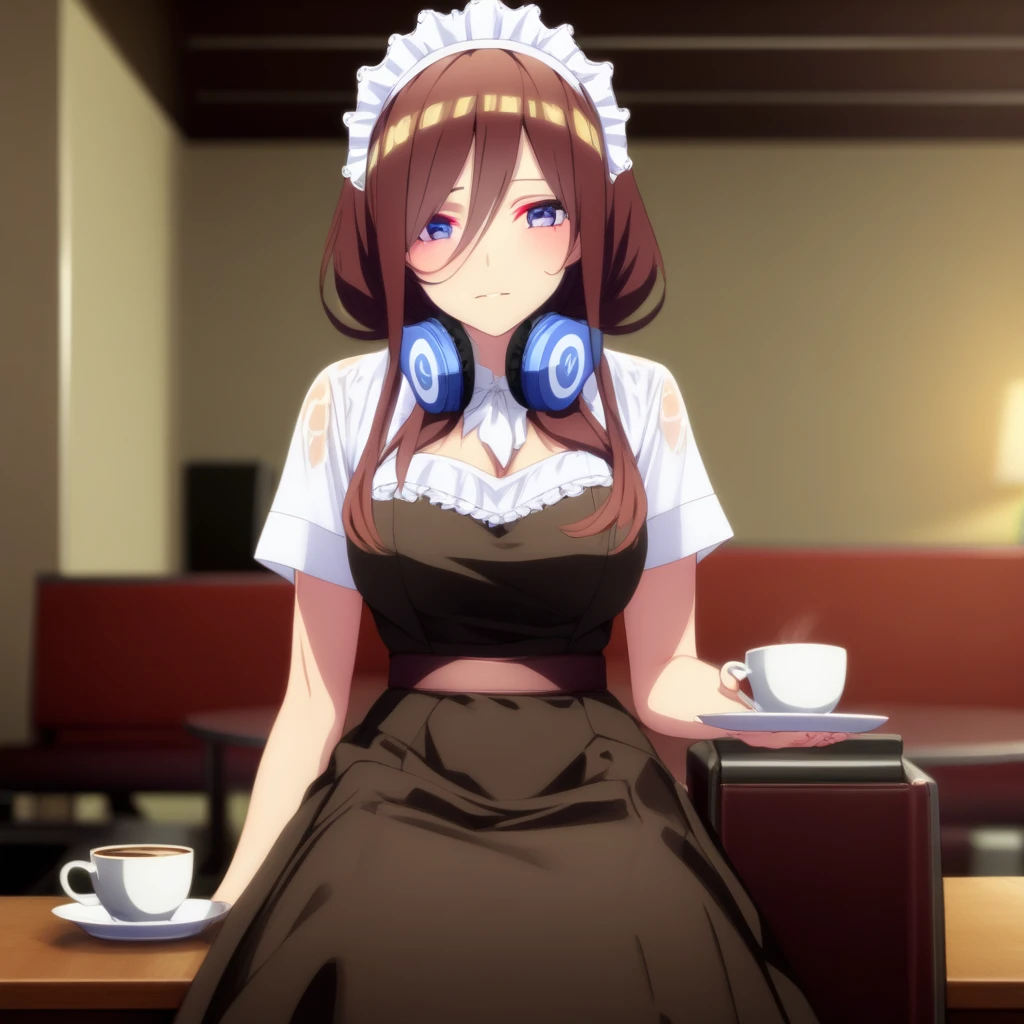 masterpiece, best quality, highres, nm1, maid, maid headdress, headphones around neck, cowboy shot, sitting, coffee, indoors,