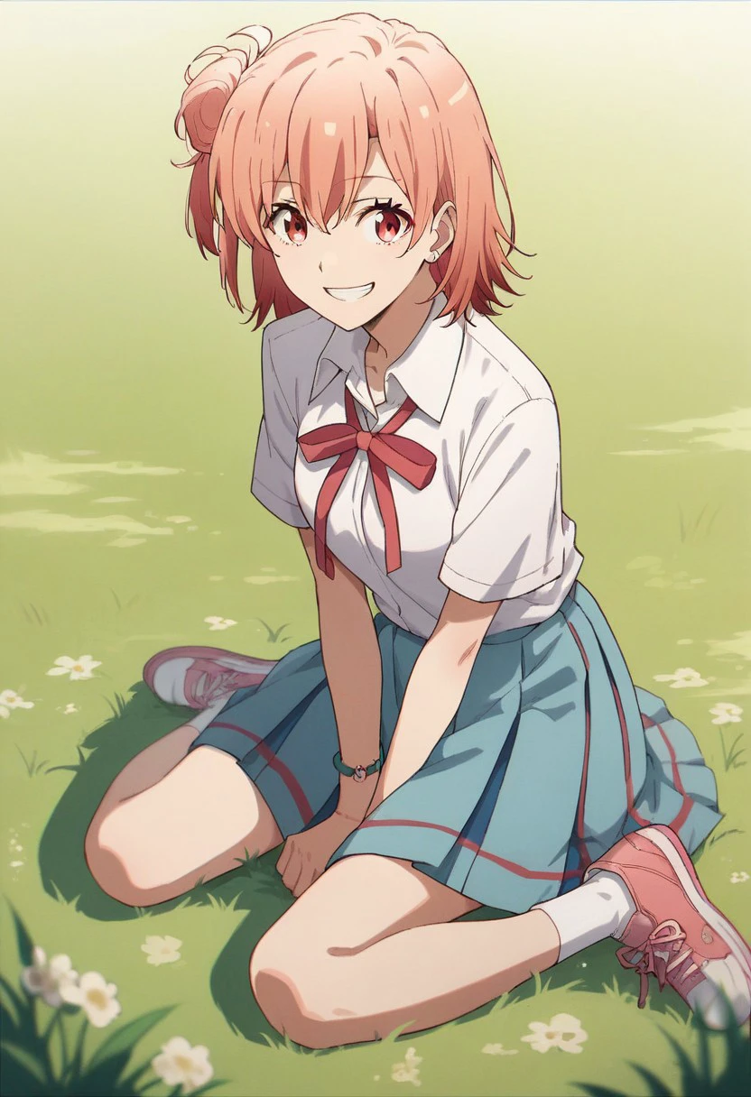 score_9, score_8_up, score_7_up, source_anime,yuigahama yui, pink hair, red eyes, 1girl, solo, skirt, smile, sitting, grin, sneakers, school uniform, grass, shoes