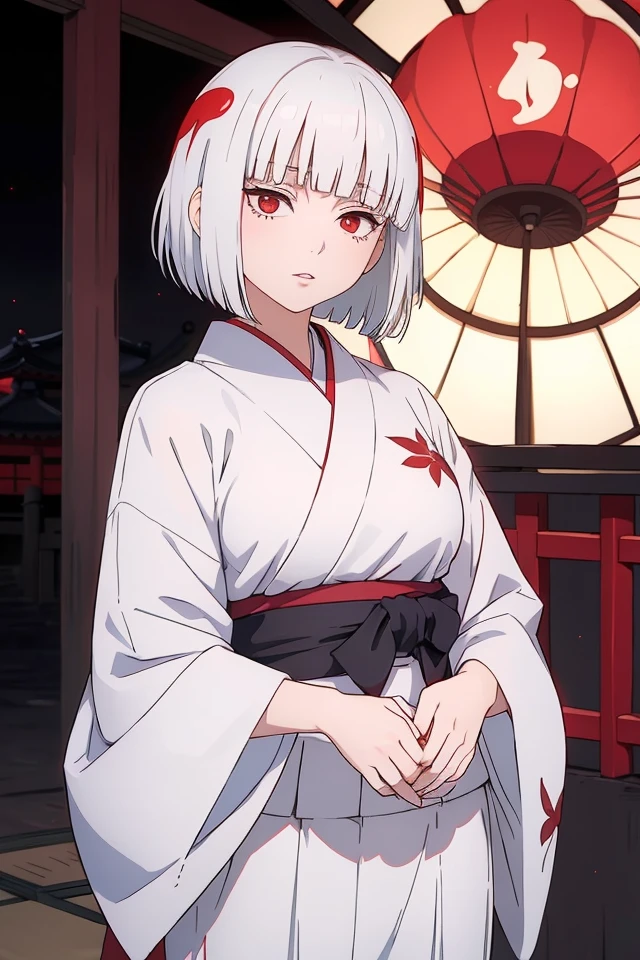 (JK_Uraume), 1girl, solo, short hair, bangs, white hair, red highlights, blunt bangs, bob cut, eyelashes, kimono, hakama, hakama skirt, japanese clothes, looking at viewer, beautiful pupils,