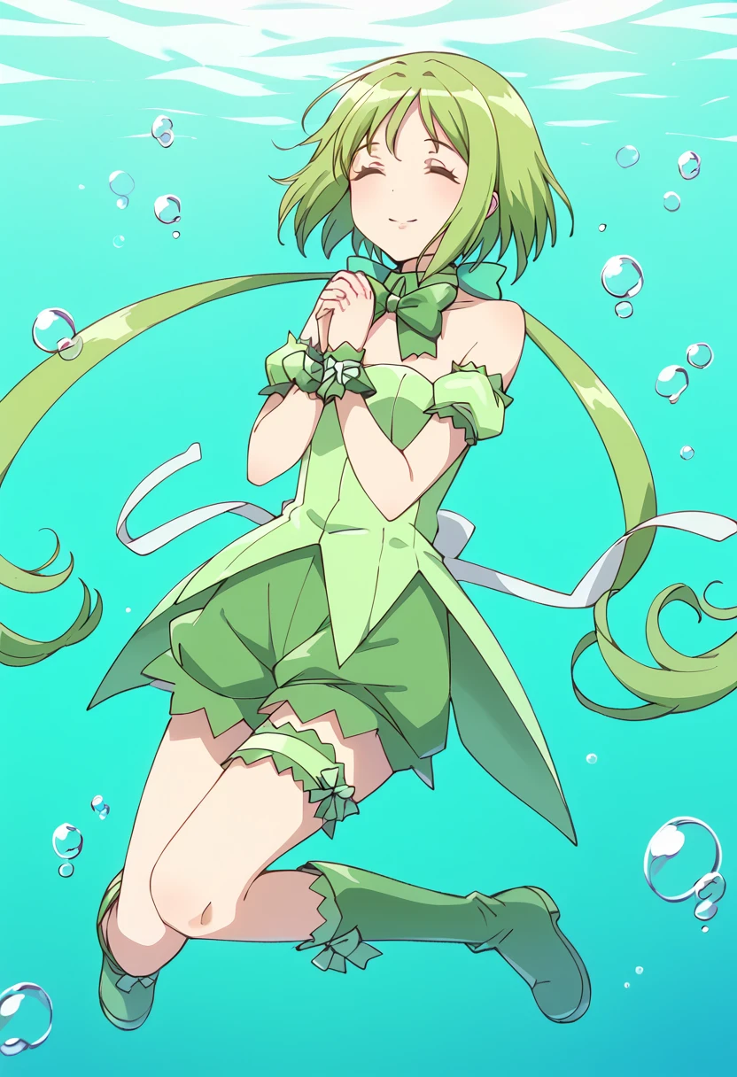 score_9, score_8_up, score_7_up, source_anime BREAK
mew lettuce, 1girl, solo, green hair, closed eyes, underwater, very long hair, bubble, own hands together, green footwear, smile, thigh strap, own hands clasped, green skirt, full body, knee boots, garters, green dress, green theme, air bubble, wrist cuffs, short hair with long locks, water, back bow, hair ornament, bowtie, bare shoulders, short hair, floating hair, leg garter, jewelry, hair ribbon, green legwear, short dress, puffy detached sleeves, submerged, frills, aqua background, praying, facing viewer, green bow, green neckwear, green ribbon, detached sleeves, closed mouth, gradient hair, miniskirt, arm garter, blue background, arm strap, green leotard, bangs, sleeveless dress, aqua theme, green background, parted lips, strapless, green choker, low twintails, legs, bridal garter, puffy short sleeves, white ribbon
<lora:mew_lettuce_midorikawa_lettuce_sdxl_locon_pony_v1:0.7>