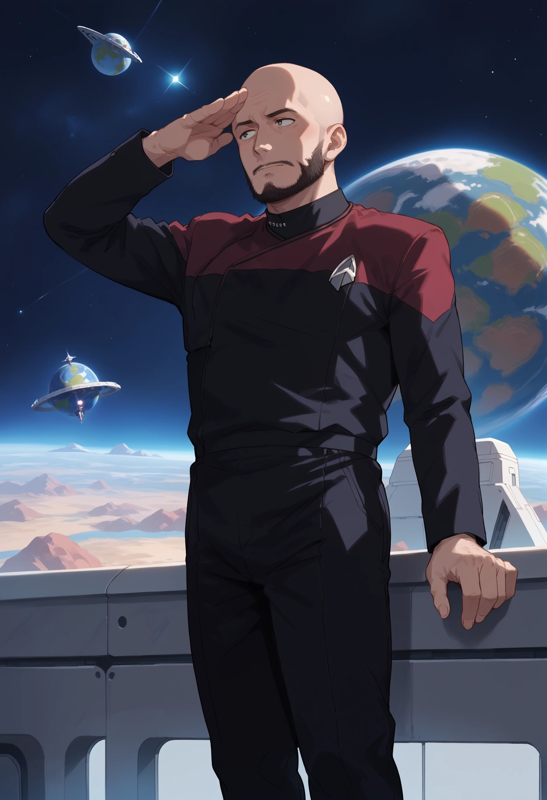 core_9, score_8_up, score_7_up, score_6_up, 1boy,source_anime,anime screencap,1boy,space scenery,planet,spaceship,machinery,salute,bald,bushy black beard,
pcdst,Star trek uniform,red,redshoulders,black jumpsuit
,<lora:PicardPony-000050>