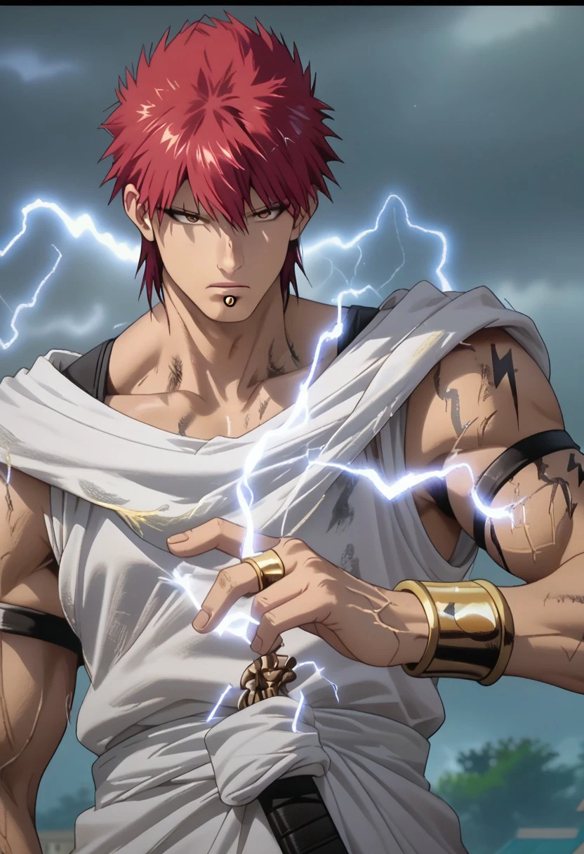 score_9, score_8_up, score_7_up, source_anime, rating_safe, Masmag, 1boy, male focus, anime screencap, labret piercing, white greek chiton, gold bracelet, hands with five fingers, lightning, electricity,