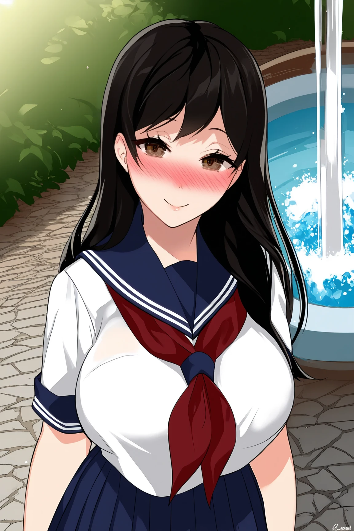 score_9, score_8_up, score_7_up, BREAK source_anime, solo, looking at viewer,
BREAK
black hair, large breasts, brown eyes, long hair,
blush, upper body, closed mouth, smile,
school uniform, serafuku, short sleeves, neckerchief, red neckerchief, pleated skirt, blue skirt,
BREAK
courtyard, ornate fountain, cobblestone paths, tranquil,
<lora:fLikeRabbits-style:1>