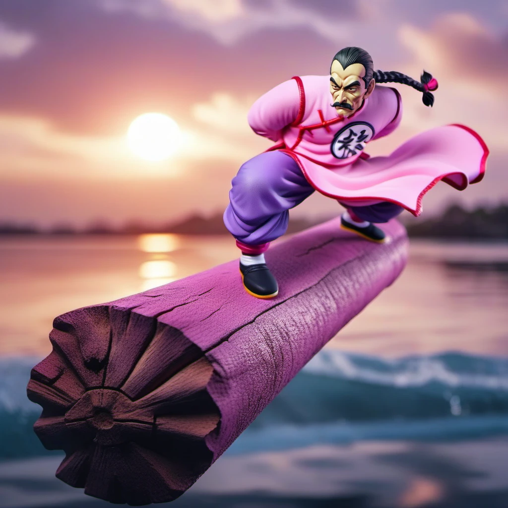 full body portrait 1boy, mustache, solo, single braid, black hair, pink and purple chinese clothes, facial hair, stands on a tree trunk over the sea <lora:TaoPaiPai1024:0.8>