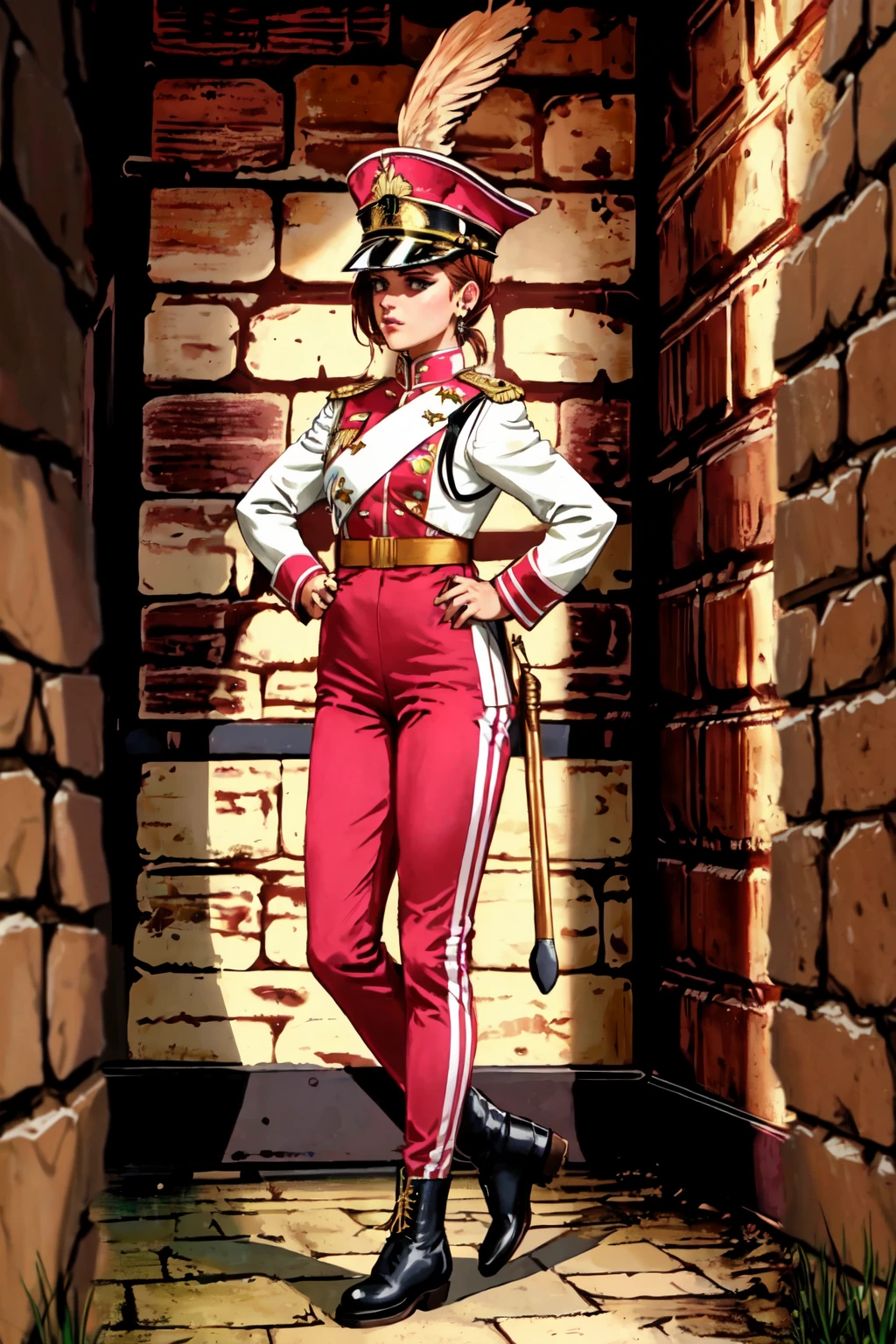 masterpiece,best quality,1girl,cinnamon hair,berglancer,standing,(in dungeon,underground,indoors,stone walls:1.2),jacket,military uniform,pink pants,shako cap,epaulettes,boots,full body,(detailed background:1.2),