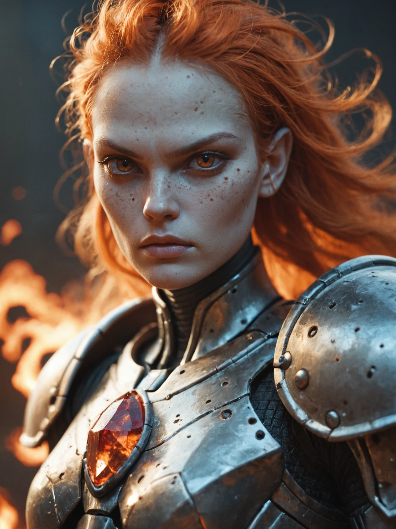 score_9, score_8_up,score_7_up, score_6_up, score_5_up, score_4_up, Alien, female, warrior, armored, metallic, fiery, red, hair, intense, eyes, orange, gem, forehead, freckles, dark, background, ethereal, mysterious, fierce