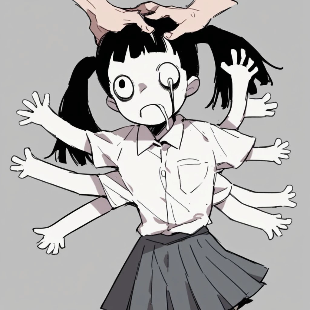 score_9, score_8_up, score_7_up BREAK MonokoYN, 1girl, four arms, four_arms, hand coming out of head, hand coming from head, left eye trail, saliva trail, black hair, pigtails, pale skin, collared white short-sleeved shirt, gray pleated skirt, socks,