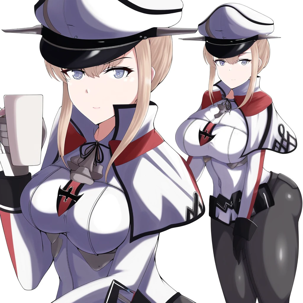 sidelocks, shirt, military, ass, cup, white background, capelet, large breasts, peaked cap, hat