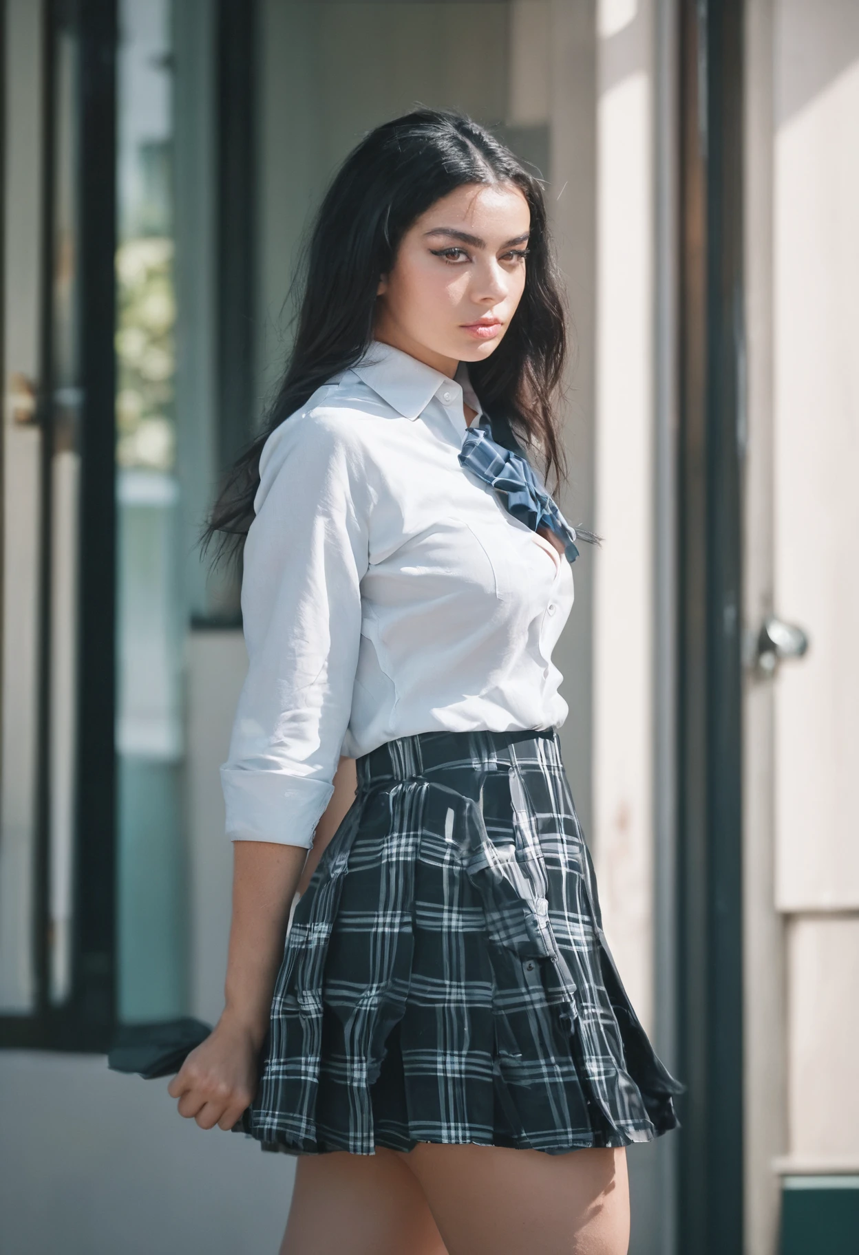 scorscore_9, score_8_up, score_7_up, score_6_up,
1girl, charliXcx, <lora:CharliXcxPonyRealism:1>, schoolgirl uniform, white buttoned shirt, plaid skirt,