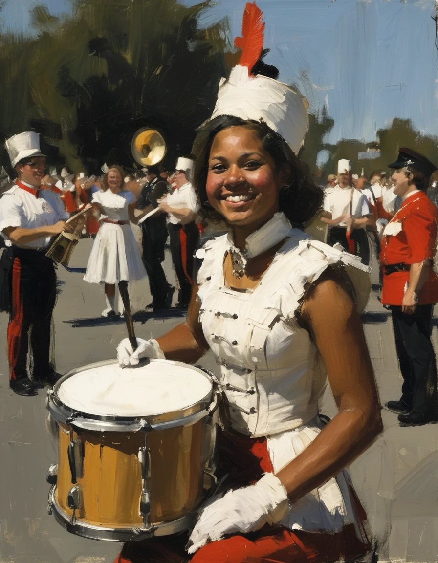 marching drummer in her band costume smiles preparing to join the parade