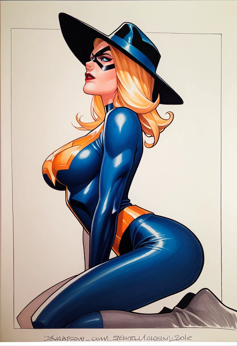 score_9, score_8_up, score_7_up, score_6_up, dskheroes, dskheroes, 1girl, solo, blue eyes, blonde hair, large breasts, hat, from side, kneeling, bodysuit, makeup, mask, traditional media, lipstick, skin tight, marker (medium), superhero, domino mask , comic art style, source_cartoon