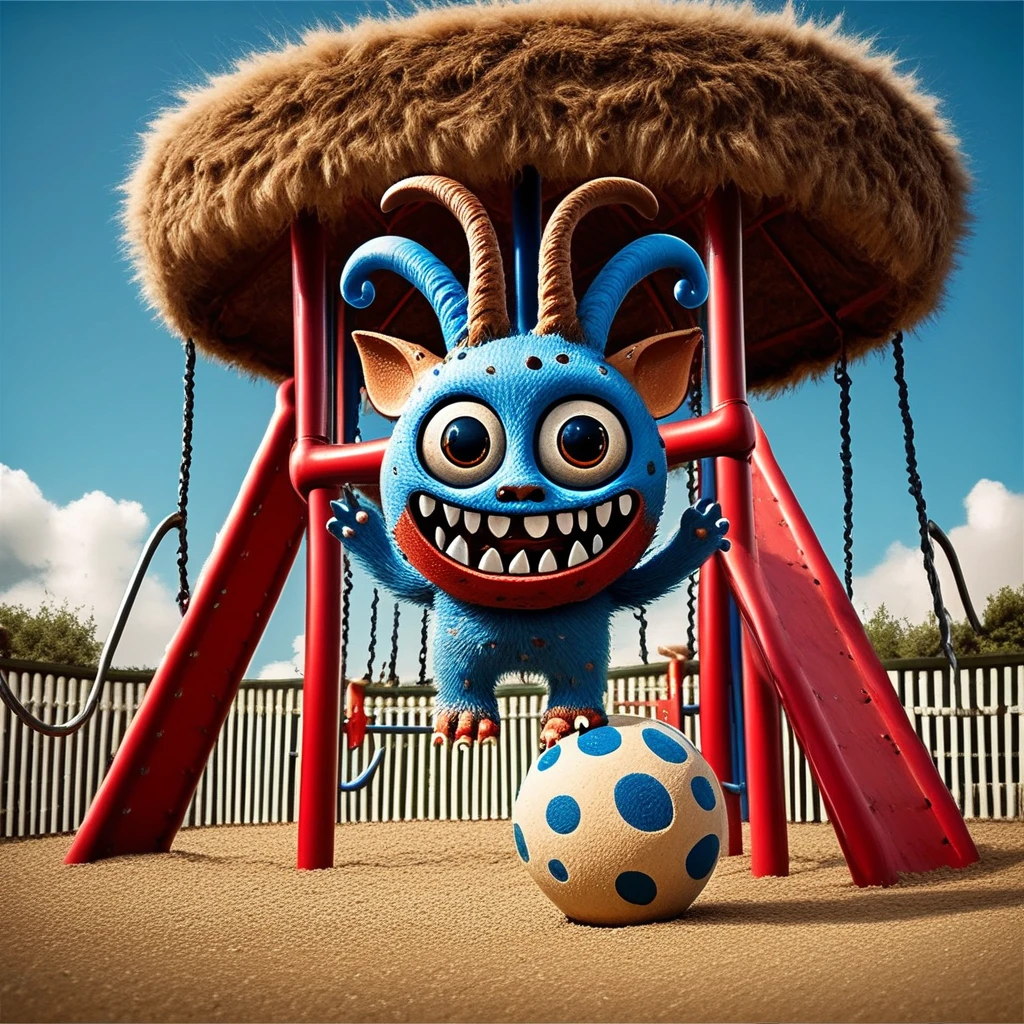 outdoors, cloud, sky, day, tree, sun, teeth, horns, blue sky, standing, sharp teeth, cute, lively playground under a bright blue sky with scattered white clouds stands a colorful playground structure with a red, yellow, and blue roof featuring abstract shapes supported by red and brown columns, the structure includes a red slide, a blue slide, and climbing sections with circular cut-outs, in front of the structure on a sandy, textured ground stands a whimsical creature with large, round blue eyes, a furry body covered in brown and blue fur with patterned spots, small sharp teeth, large ears with a reddish tint, and prominent curved horns, the creature has a friendly and curious expression, around the playground children are playing and interacting with the equipment, including swings and a red and blue climbing barrel, a classic lamppost with white globes adds a touch of charm to the scene, the entire area is bathed in warm sunlight, casting realistic shadows and enhancing the vibrant colors and joyful atmosphere, cute, cute baby monster,