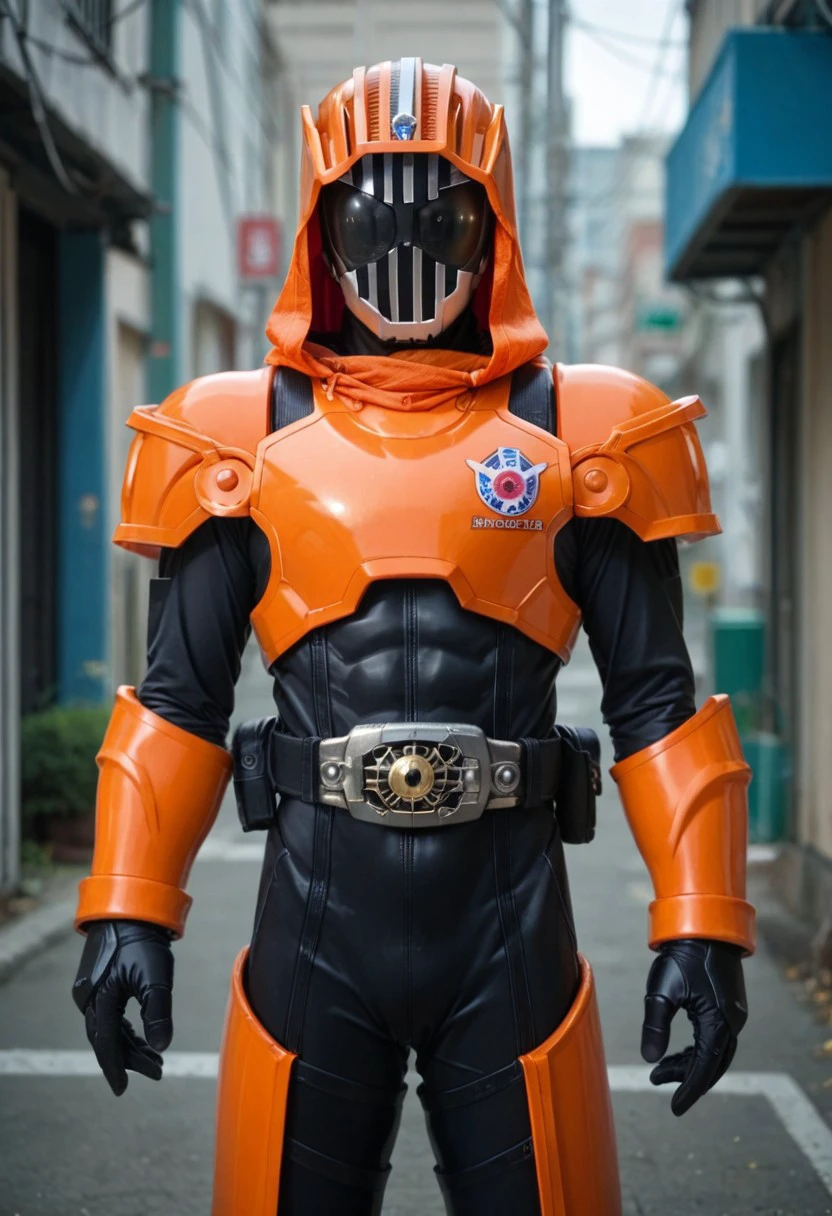 score_9, score_8, score_7, solo, armor, tokusatsu, bodysuit, helmet, rider belt, ghost, hood, black bodysuit, orange armor, black eyes