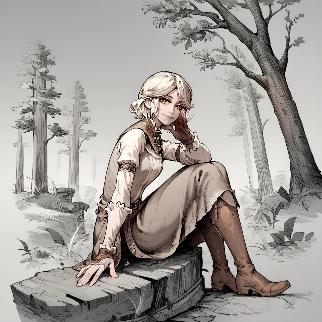 <lora:Chronozbergh:1.2>,(greyscale:1.4),1girl,solo,roderika,elden ring,gloves,dress,footwear,brooch,
from side,looking at viewer,smile,closed mouth,sitting,sitting on tree trunk,boots on ground,forest,hand up,waving,<lora:roderika:0.7>,, score_9, score_8_up, score_7_up, perfect anatomy, source_anime, zPDXL2,