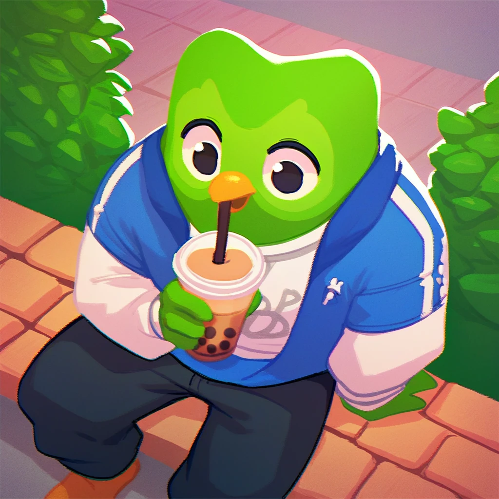 score_9, score_8_up, score_7_up, score_6_up, duolingo, green bird, bird, male, black eyes, solo, bubble tea, holding, park, sitting,