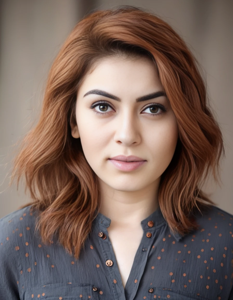 HansikaMotwani,<lora:HansikaMotwaniSDXL:1>An image of a young woman with shoulder-length tousled auburn hair. She has a serene expression and is wearing a charcoal grey, textured shirt with a dotted pattern and chest pockets. The shirt has copper-toned buttons, partially undone. The background is blurred to keep the focus on her and her attire, capturing a relaxed and informal vibe in a close-up shot with warm lighting that highlights the richness of her hair color.