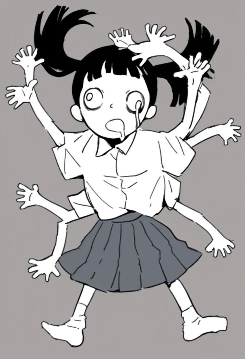 score_9, score_8_up, score_7_up BREAK MonokoYN, 1girl, four arms, four_arms, hand coming out of head, hand coming from head, left eye trail, saliva trail, black hair, pigtails, pale skin, collared white short-sleeved shirt, gray pleated skirt, socks,