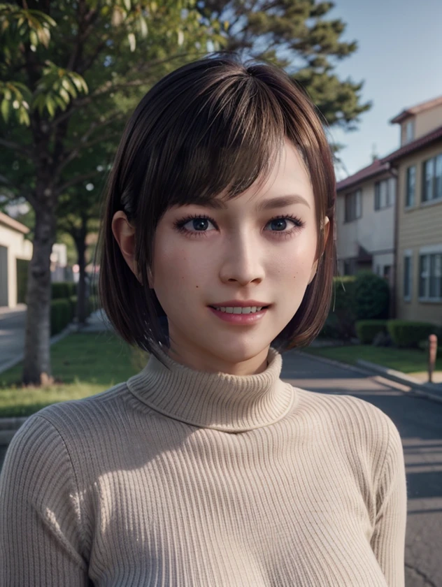 <lora:add_detail:0.5> (realistic, 3d, game cg:1.3),
1girl, asian female, short hair, bob cut, a-line hair, bangs, <lora:S_Mukoda_LAD-v1-000008:0.25>
(upper body:1.2), beige sweater, turtleneck, 
outdoors, park, on tile road, looking at viewer, smile