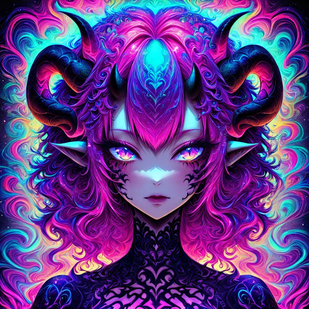 masterpiece,
psychedelicdream, demon girl,horns,,solo,portrait,
, <lora:PsychedelicDream-xl-10:0.8>