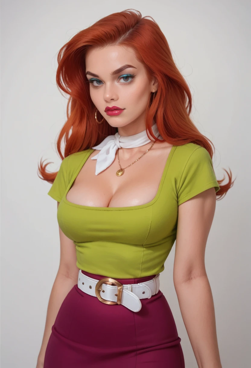 Score_9, score_8_up, score_7_up, score_6_up, hud_cous1n_mel, 1girl, red hair, solo, jewelry, makeup, blue eyeshadow, lipstick, cleavage, green shirt, purple skirt, white belt, neckerchief, <lora:cousinmel:0.7>, realistic