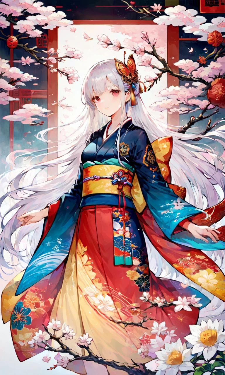 score_9,score_8_up,score_7_up,source_anime,
1girl,long hair,solo,bug,japanese clothes,white hair,butterfly,kimono,very long hair,sash,branch,obi,red eyes,