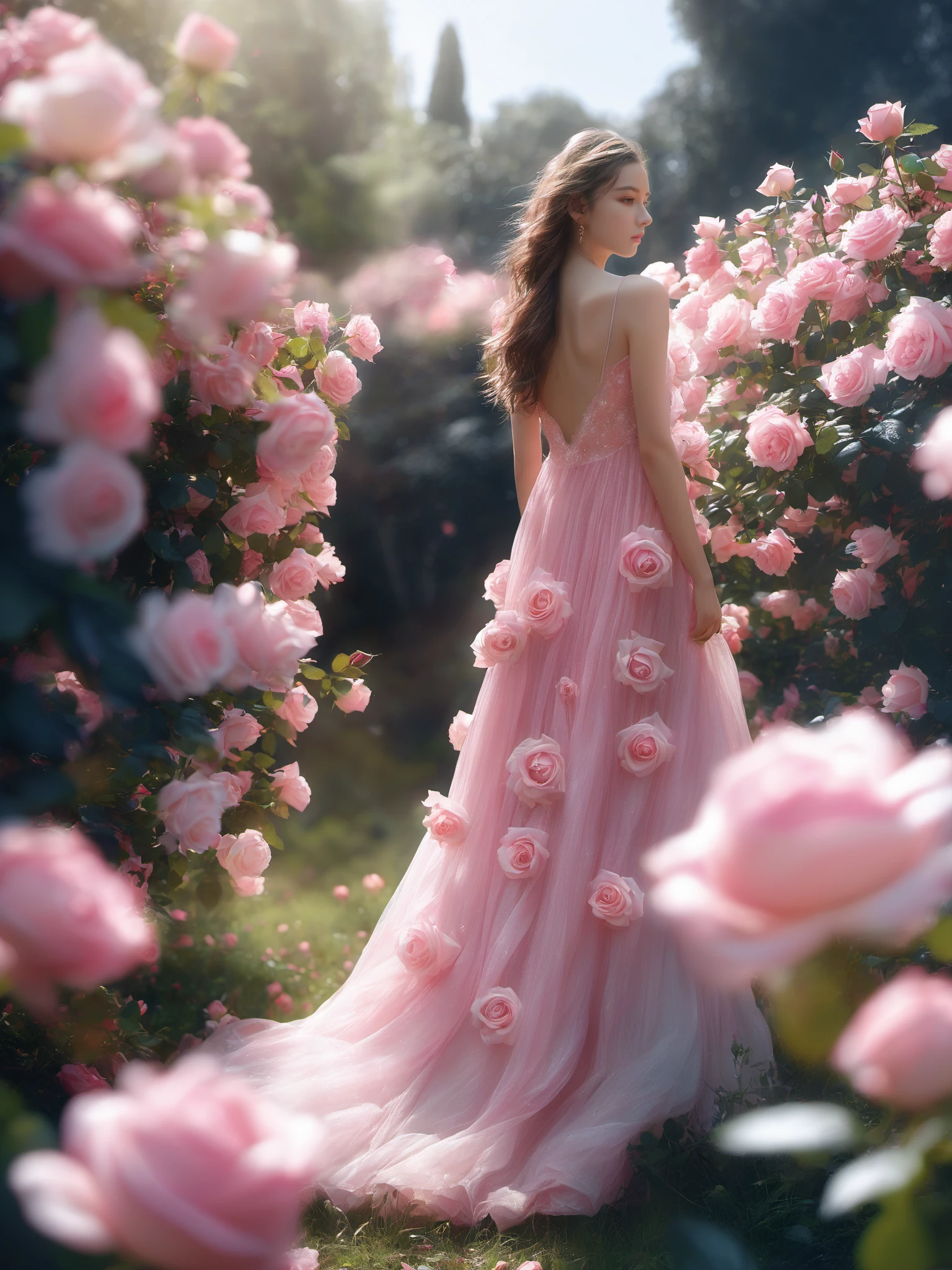 photorealistic,realistic,photography,masterpiece,best quality,ultra-detailed,extremely detailed CG unity 8k,1girl,solo,rose,long hair,back hair,dress,bare shoulders,standing,full body,flower,outdoors,from side,tree,pink flower,pink rose
 <lora:SNAKE PINK ROSE XL:0.8>