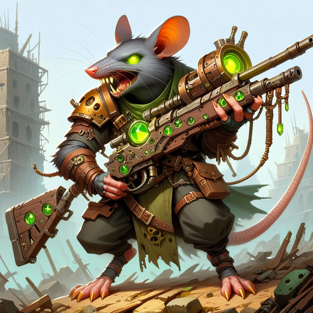 skaven, a technomancer using green gemstones to power steampunk rifle