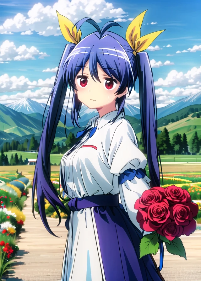 miyauchi renge, twintails, :o,
holding bouquet, plains, mountains, smile, head tilt, 1girl, solo,
<lora:150charsKiraiNAI:1>